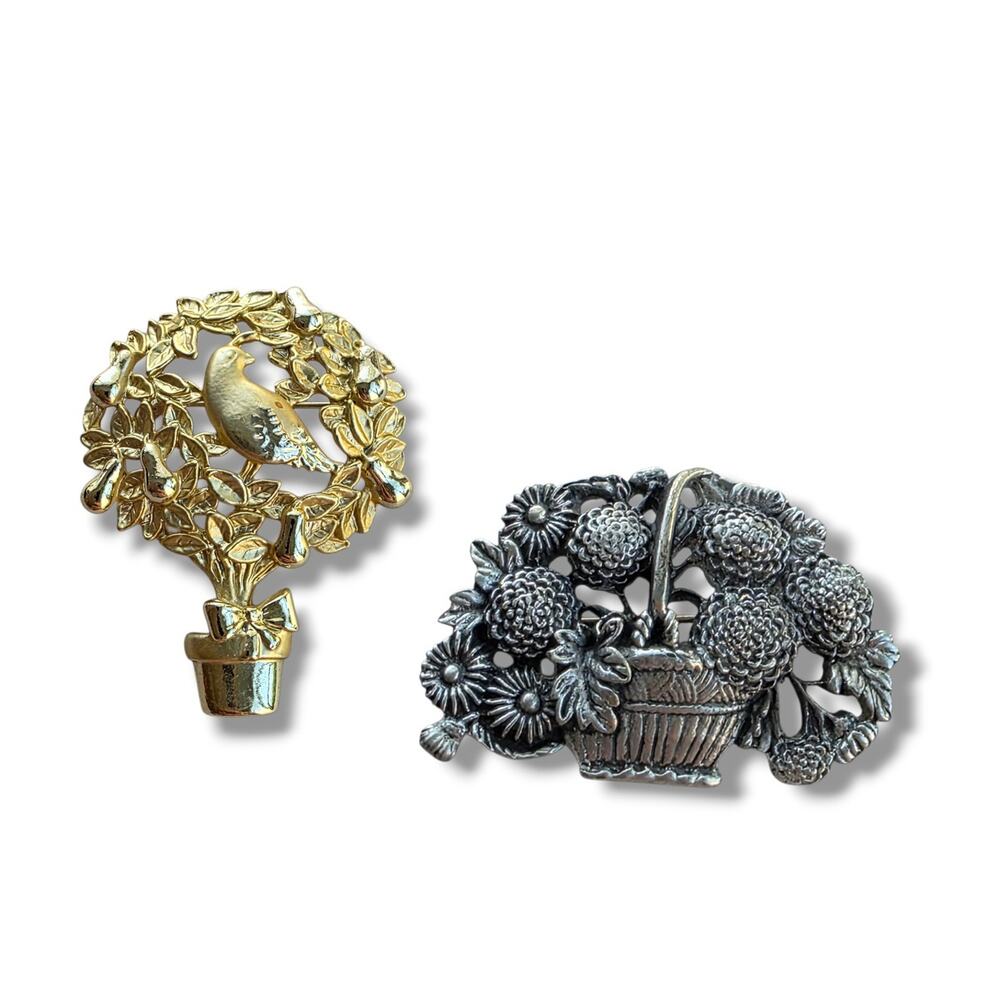 Vintage Brooch 2 Piece Lot Pin Pewter Gold Plated Flower Bird Bouquet Signed‎